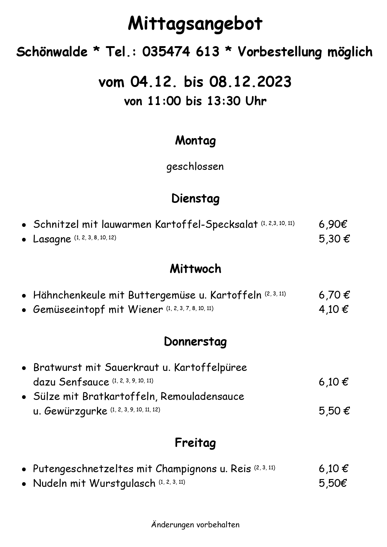 Wochenkarte Bäckerei Kuske, Schönwalde
